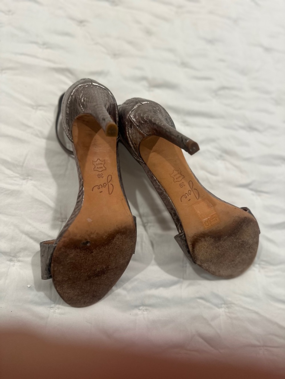 Joie Metallic Pewter Snakeskin-Texture Ankle Strap Heels - Picture 2 of 4